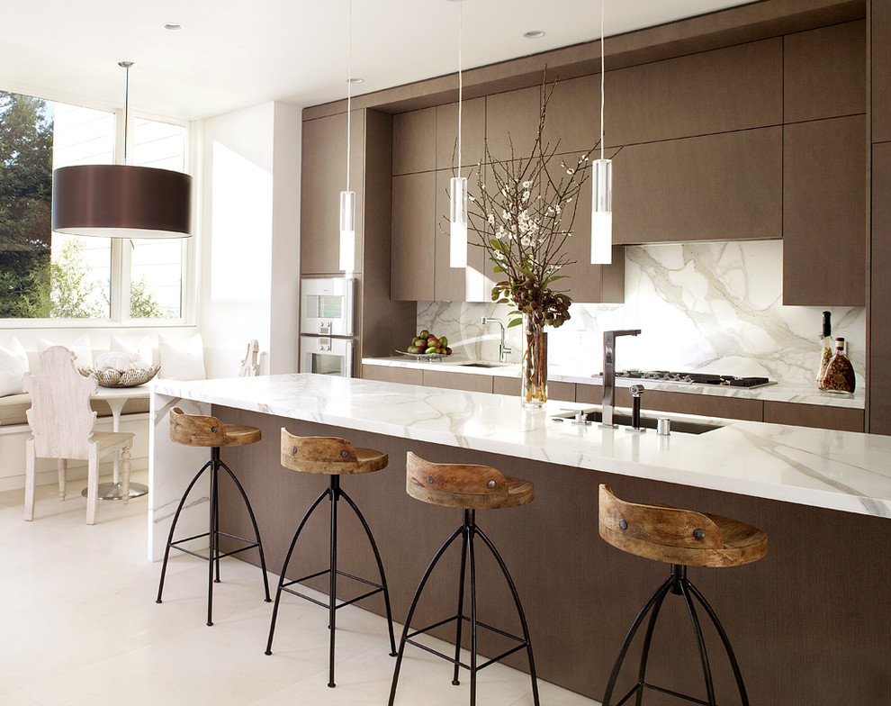 The texture of dark wood and soft orange in the interior of the kitchen