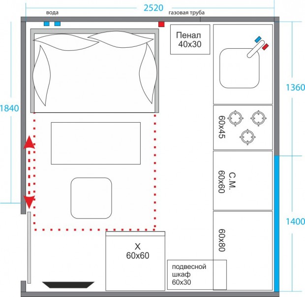 Küchenlayout mit Bett Nummer 2