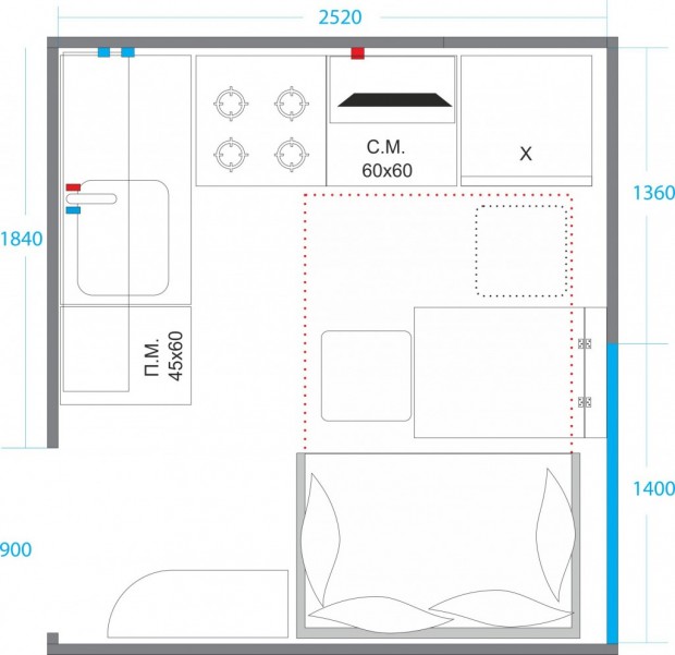 Das Layout der Küche mit Bett Nummer 4